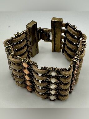 Lia Sophia Statement Cuff Bracelet Gold Tone Suede Rhinestone Wide Cuff